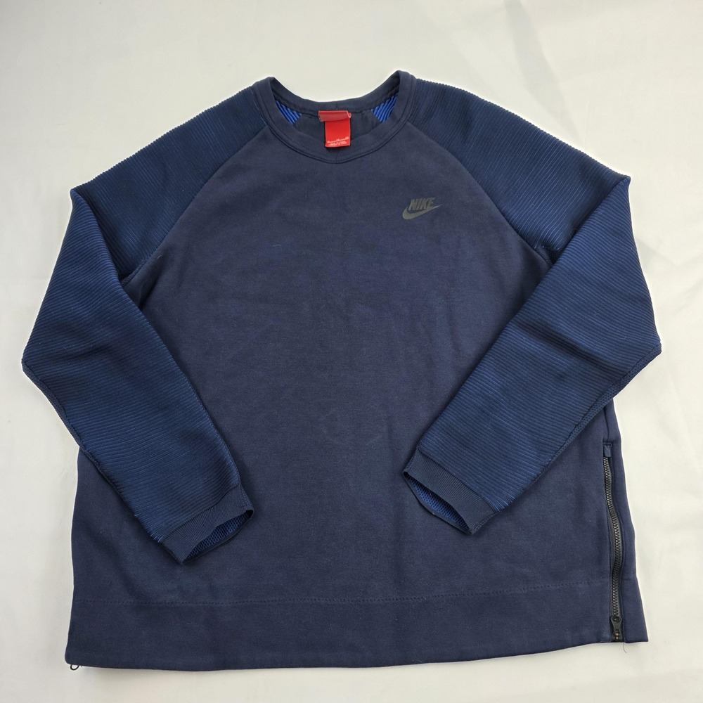 Nike Tech Fleece Sweatshirt Mens XL Blue Crewneck Pullover Side Zip Logo
